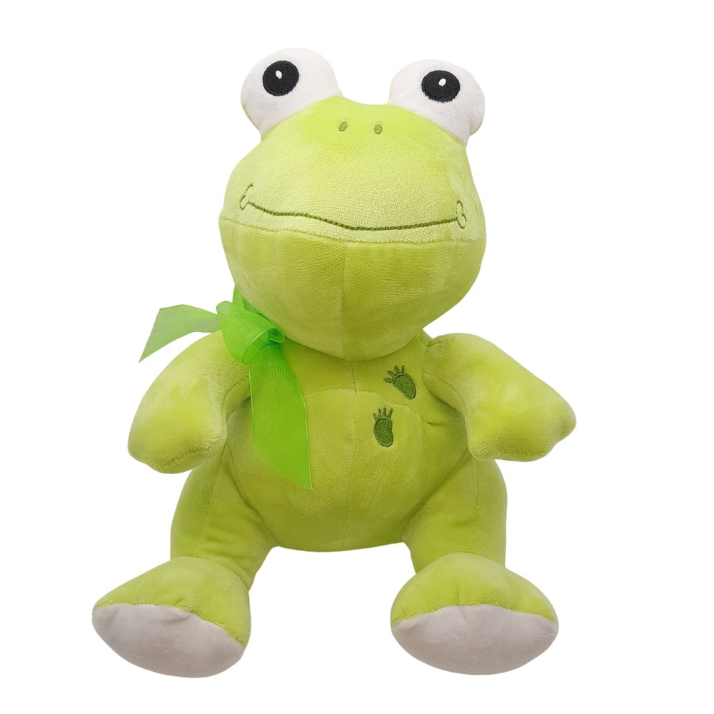 Green Frog Plush Stuffed Animal with Ribbon and Footprint Embroidery 12 inch